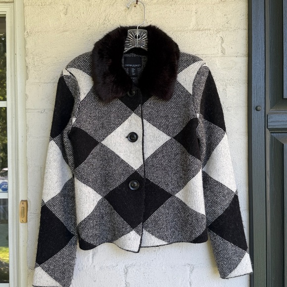 Cynthia Rowley Black/White Argyle Cardigan w Removable Faux Fur Collar Medium - Picture 12 of 12